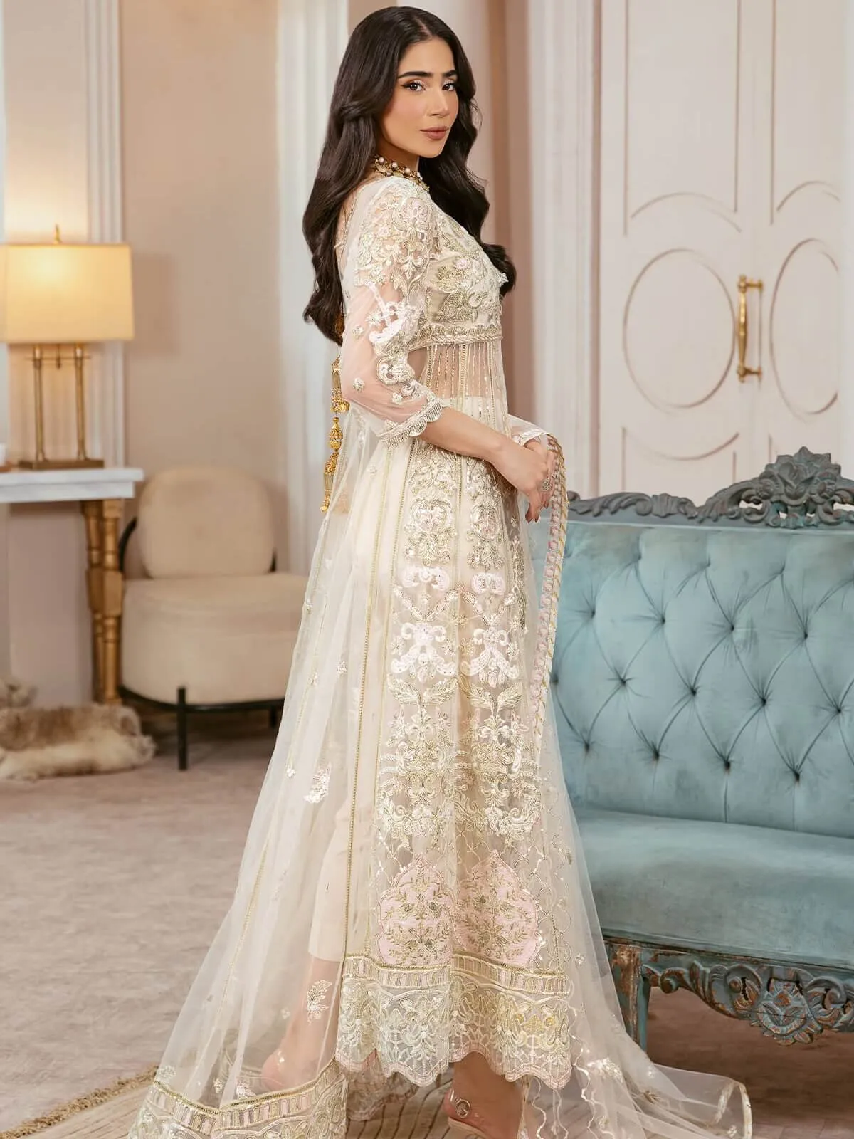 Arzo by Zainab Manan Unstitched Net 3Pc Suit ZM-31 Ivory Glory