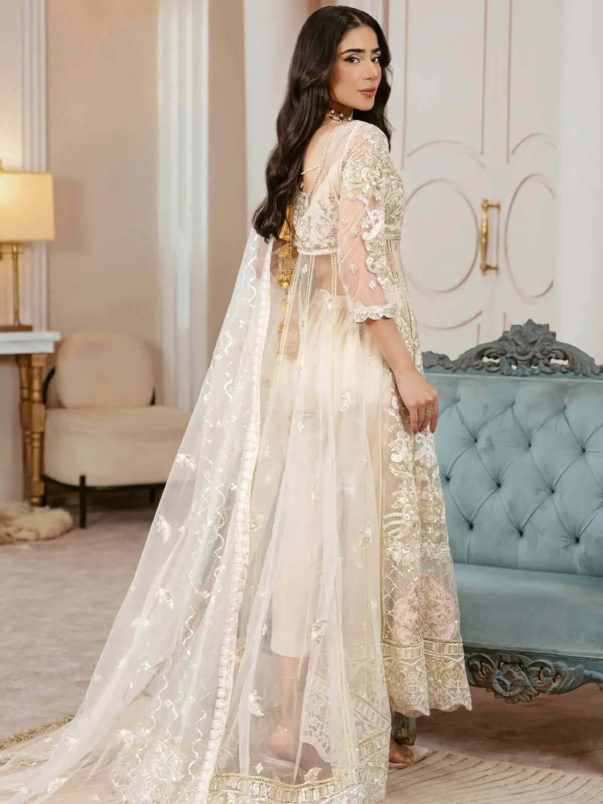 Arzo by Zainab Manan Unstitched Net 3Pc Suit ZM-31 Ivory Glory