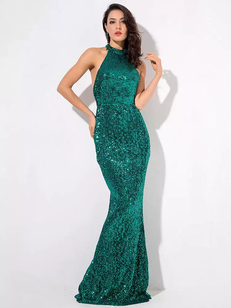 AshoreShop Mermaid Sequin Elegant Long Sleeveless Evening Dress Shimmering Color