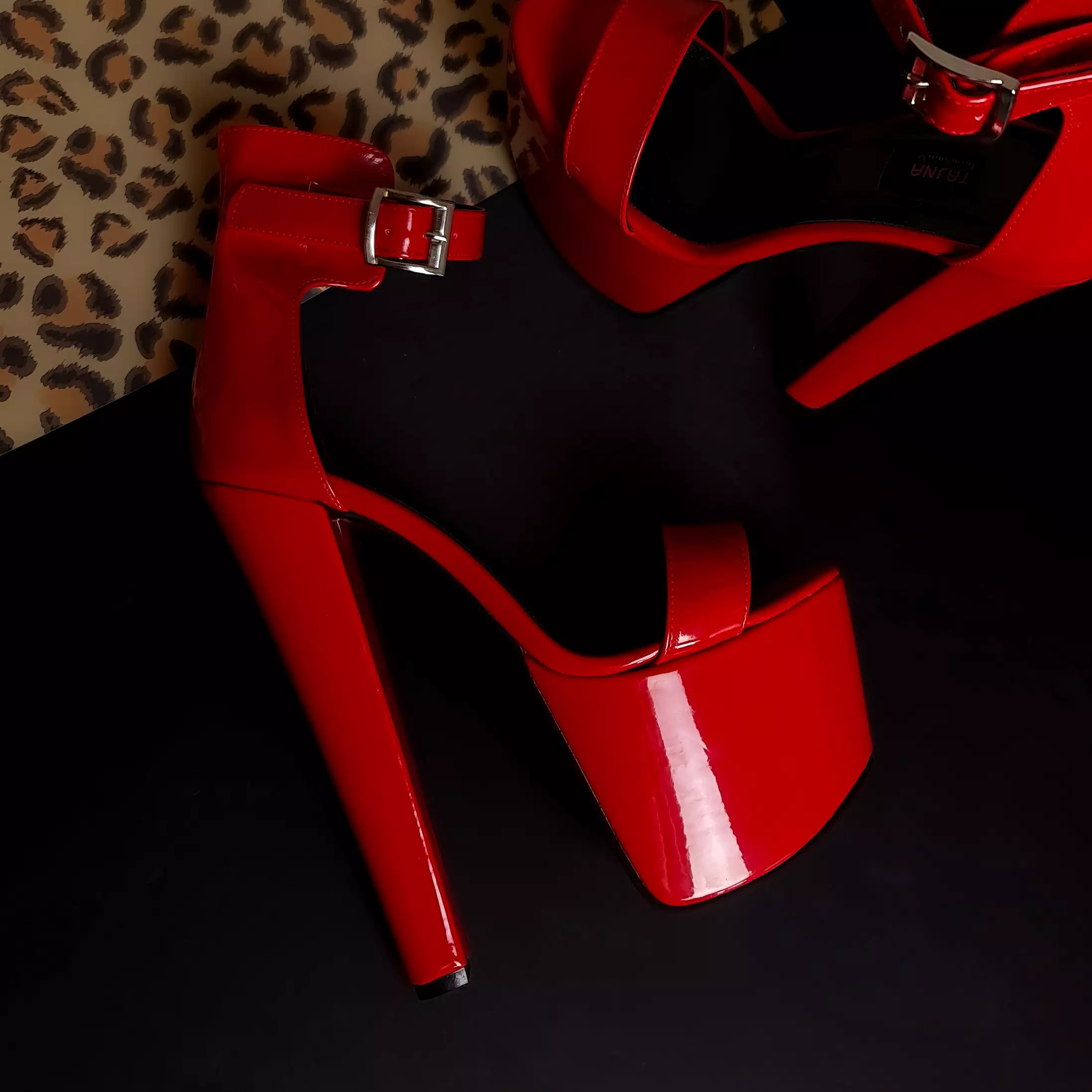 Belted Ankle Red Gloss Chunky High Heel Sandals