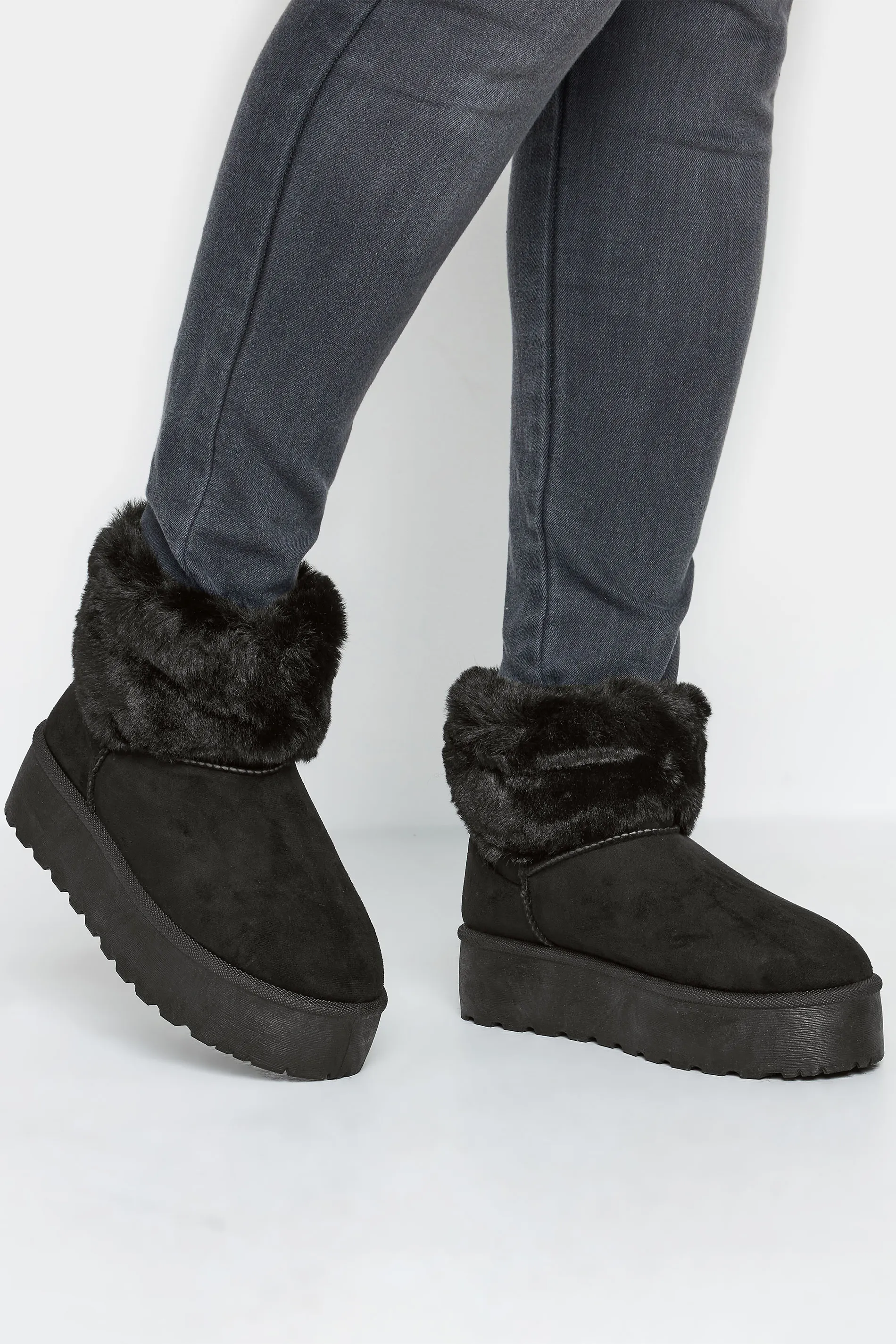 Black Platform Faux Fur Collared Boot in Wide E Fit