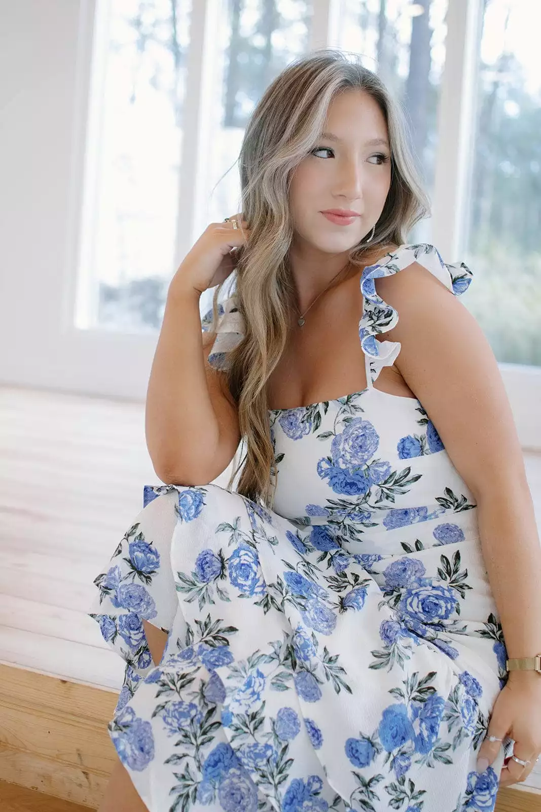 Blue & White Floral Ruffle Tiered Midi Dress