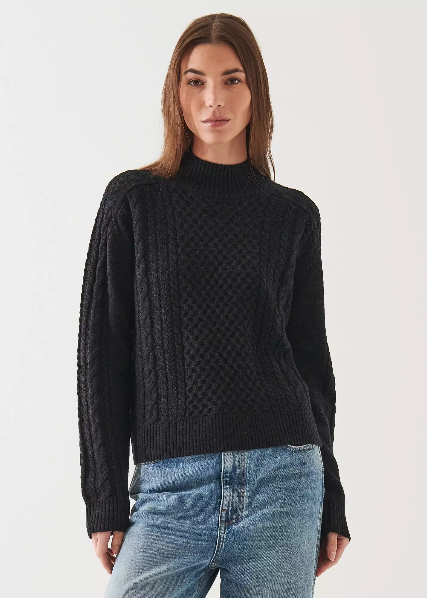 CABLE KNIT MOCK NECK SWEATER