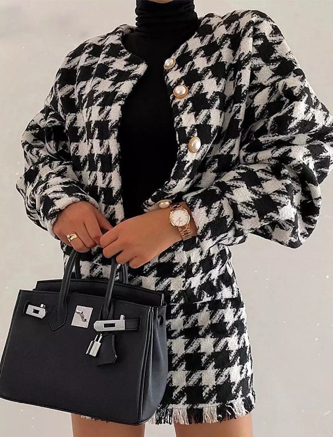 Cozy Houndstooth Jacket and Matching Skirt Tweed Set