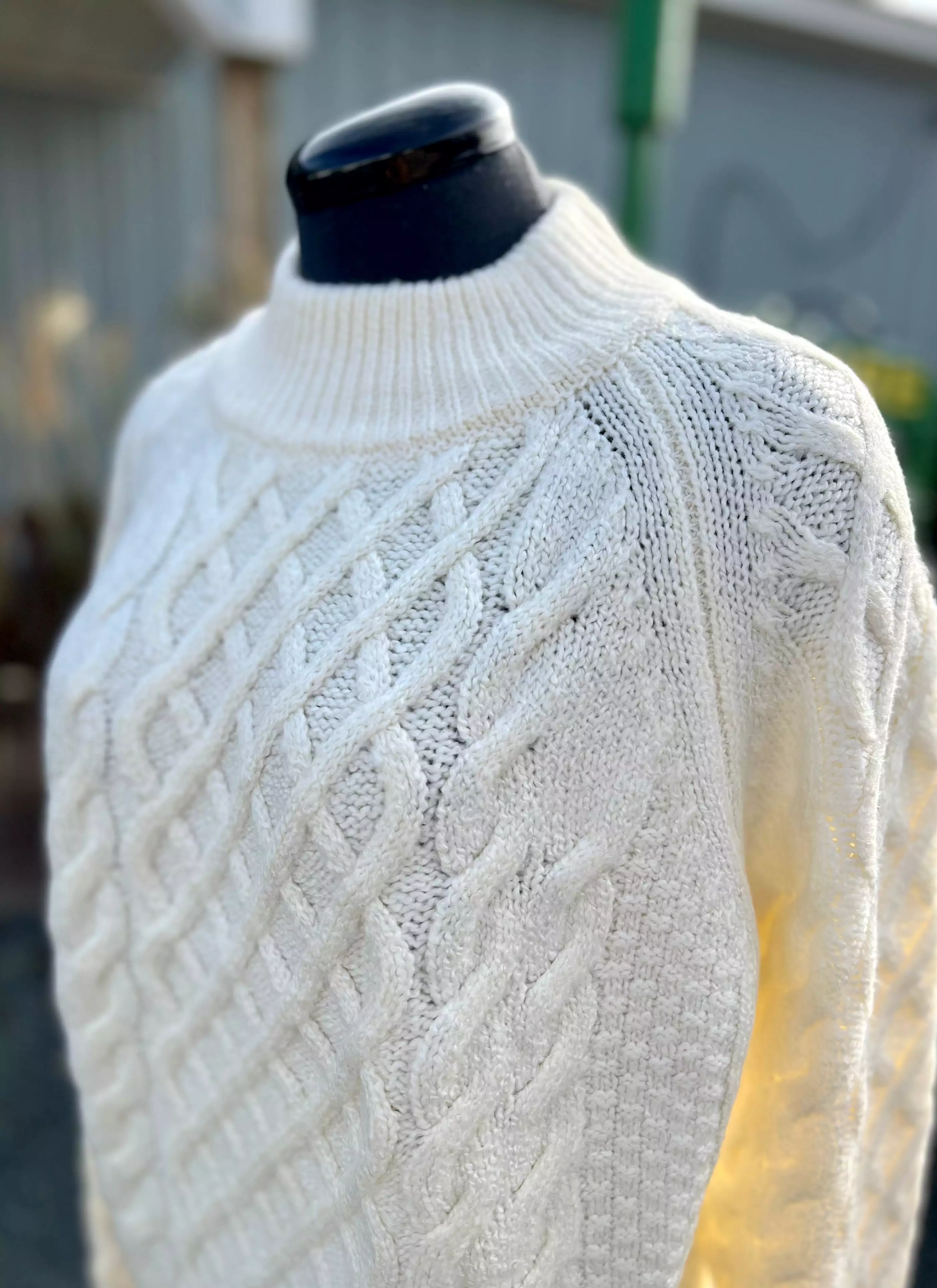 Cream Cable Knit Sweater with Mock Neck