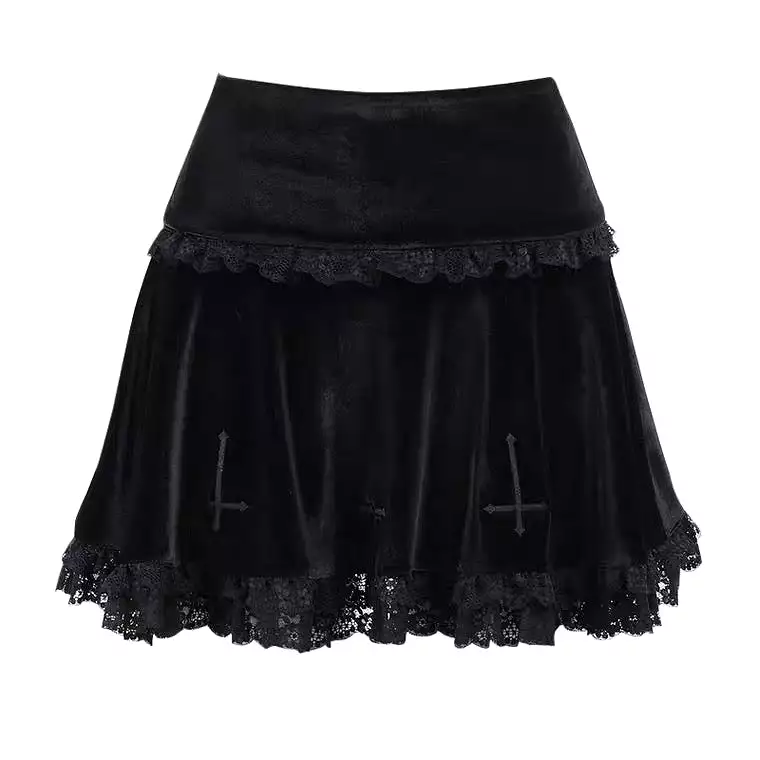 DARK FASHION EMBROIDERY LACE SUEDE SKIRT BY70181