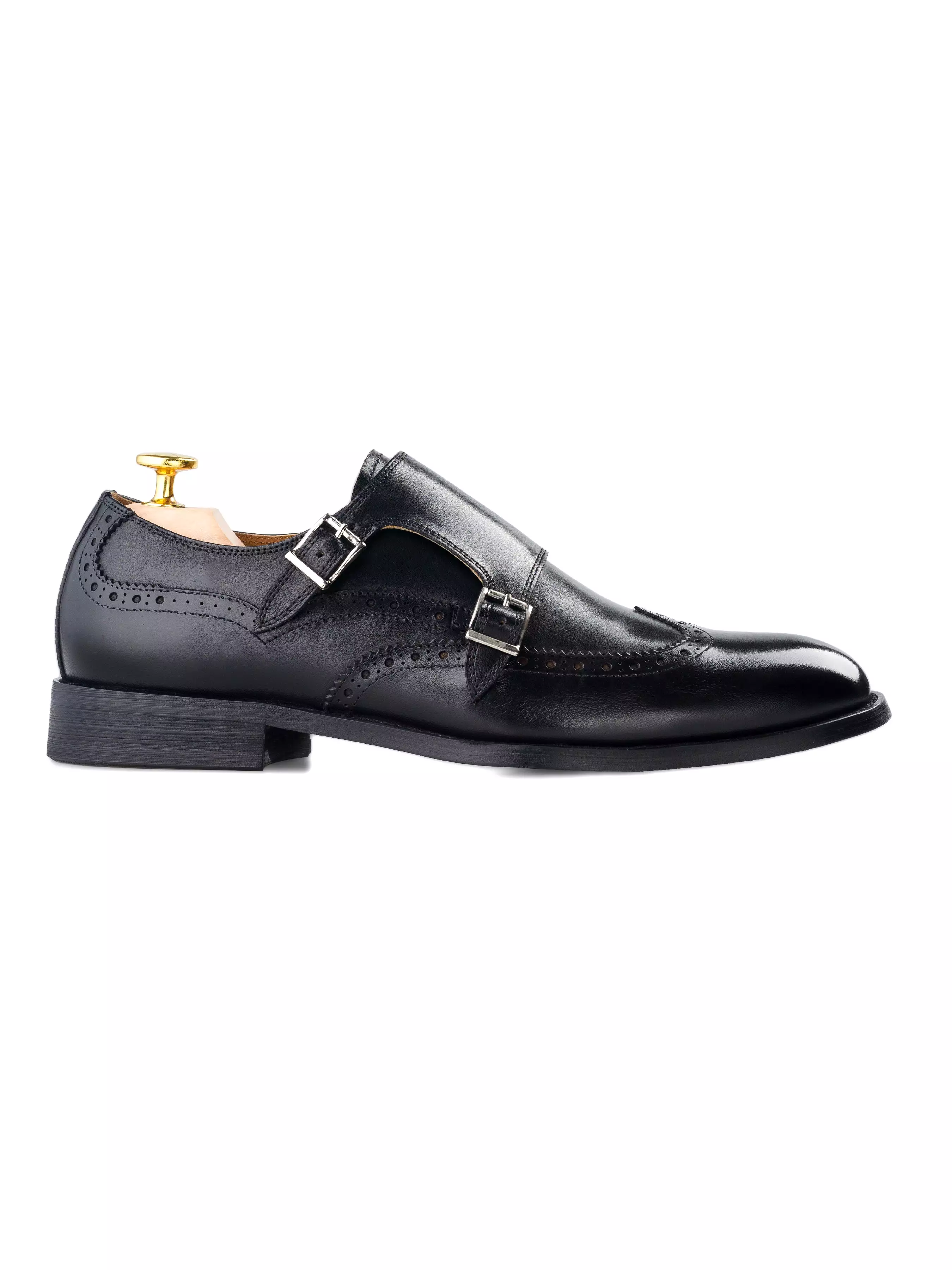 Double Monk Strap Brogue Wingtip - Solid Black (Hand Painted Patina)