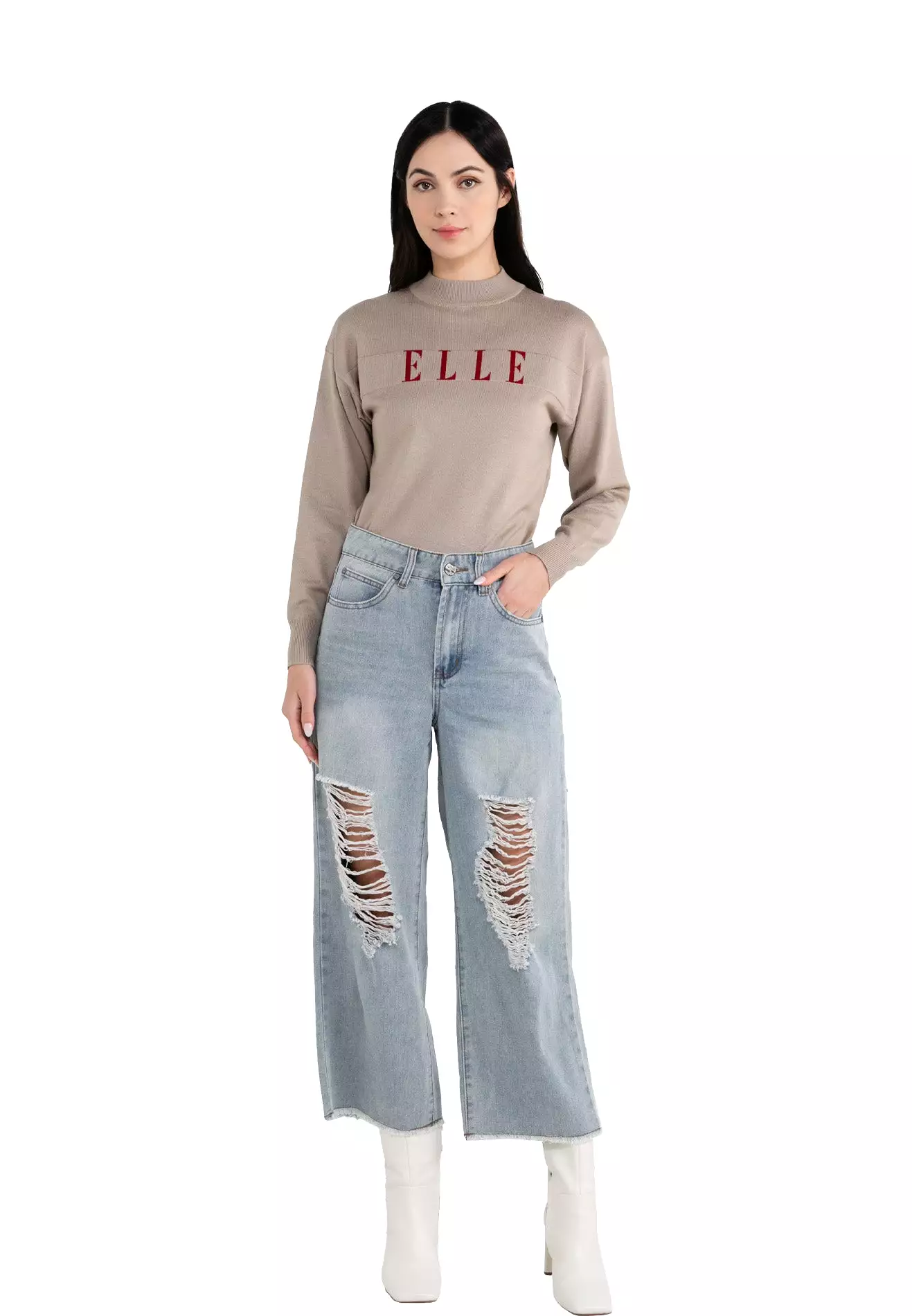 ELLE Apparel Knitted Mock Neck Logo Long Sleeves Sweater