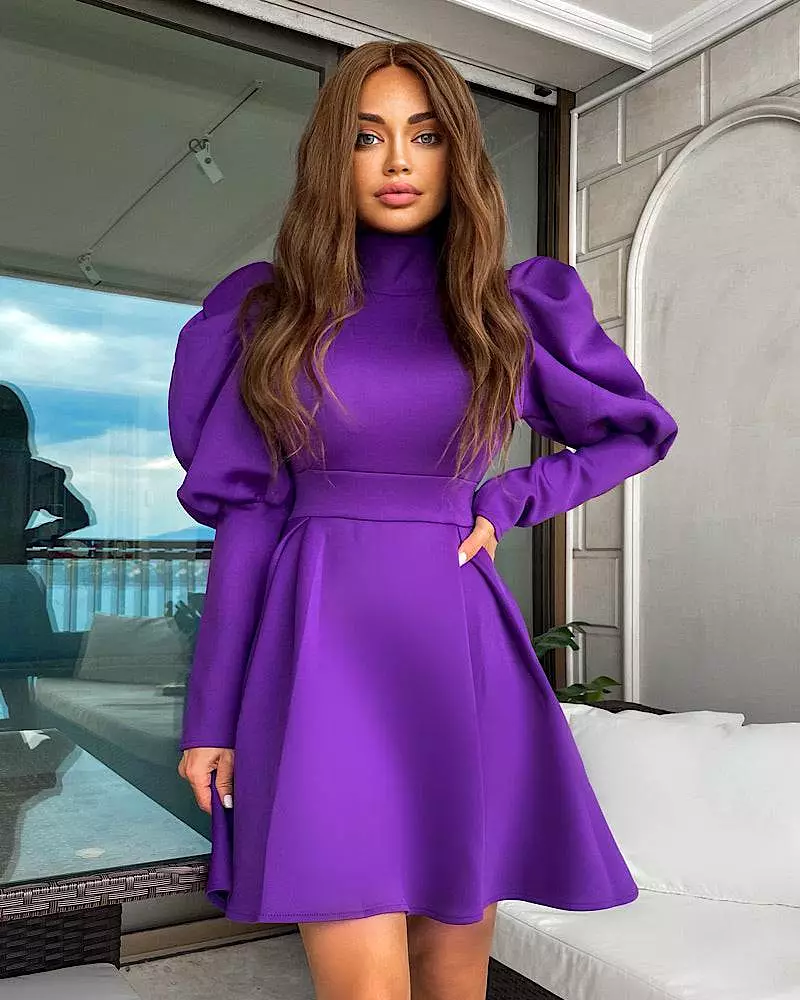 Exaggerated Shoulder Long Sleeve Flared Skirt Dress