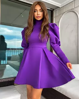 Exaggerated Shoulder Long Sleeve Flared Skirt Dress