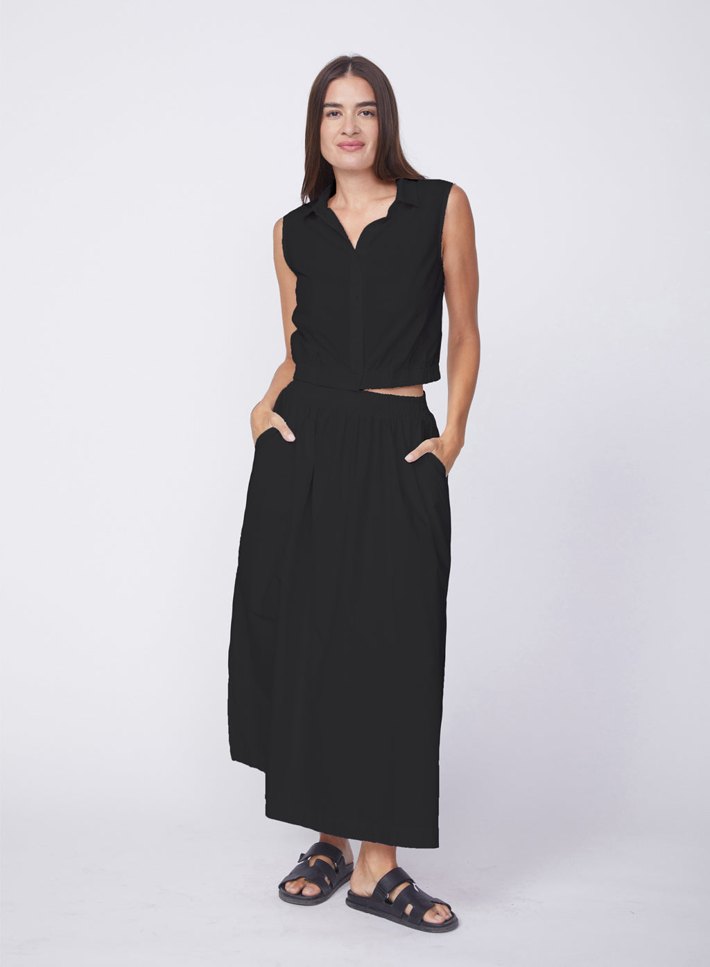 Fine Poplin Double Slit Maxi Skirt in Black