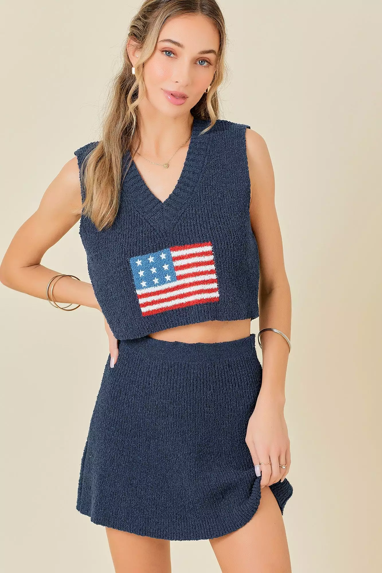 Flag Print Cropped Top And Mini Skirt Sweater Set