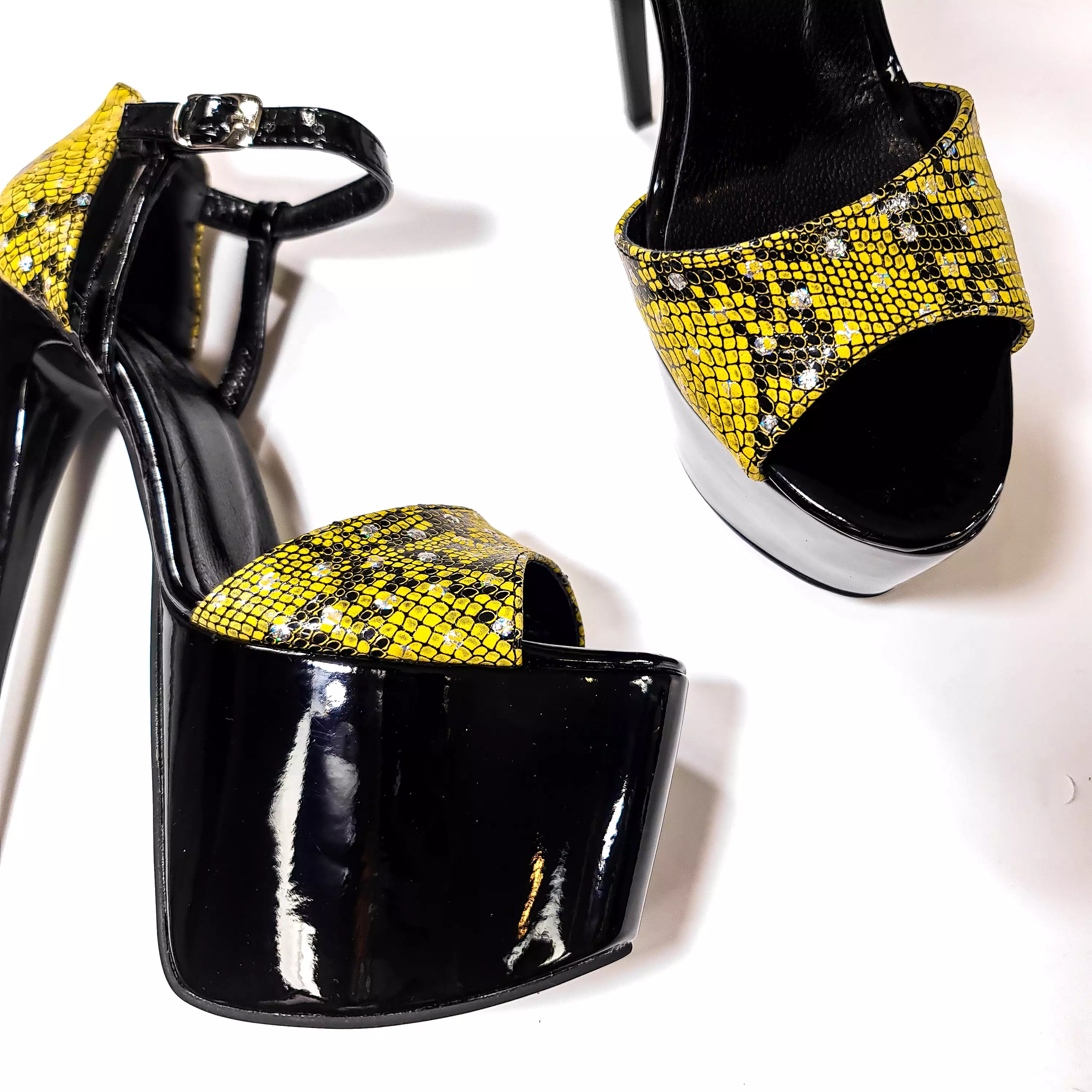 Gem Stone Detailed Genuine Leather Yellow Black Heels