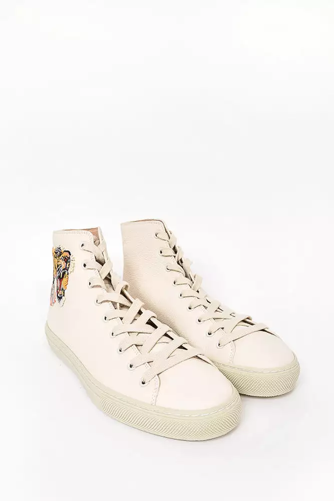 Gucci Cream Leather Tiger Embroidered High Top Sneaker sz 6.5