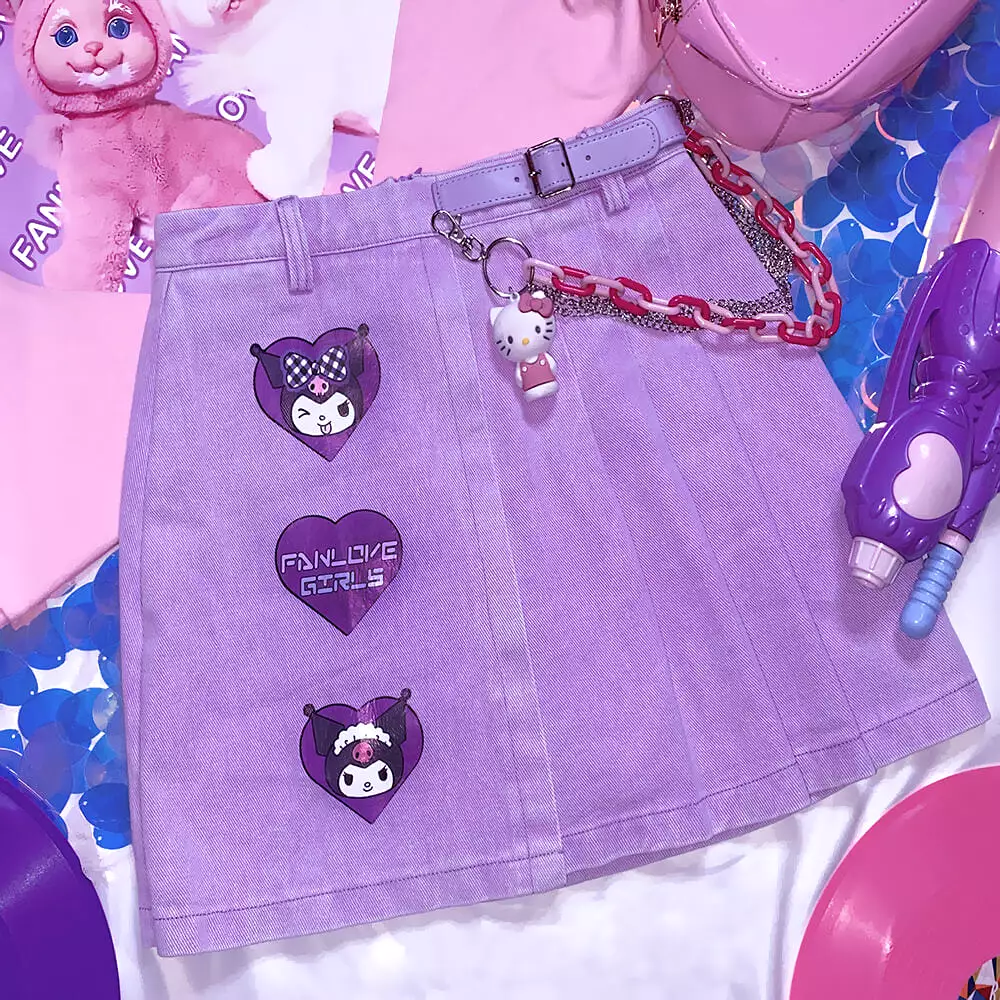 HARAJUKU PASTEL PURPLE KUROMI PLEATED DENIM SKIRT BY77766