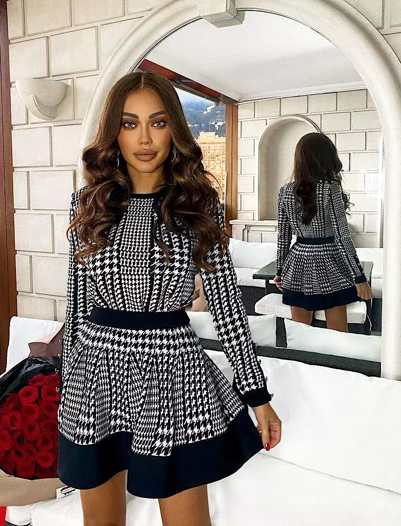 Houndstooth Knitted Long Sleeve Top and Elastic Waist Skirt Two Piece Set