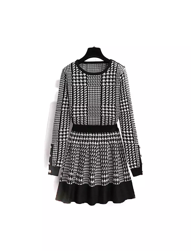 Houndstooth Knitted Long Sleeve Top and Elastic Waist Skirt Two Piece Set