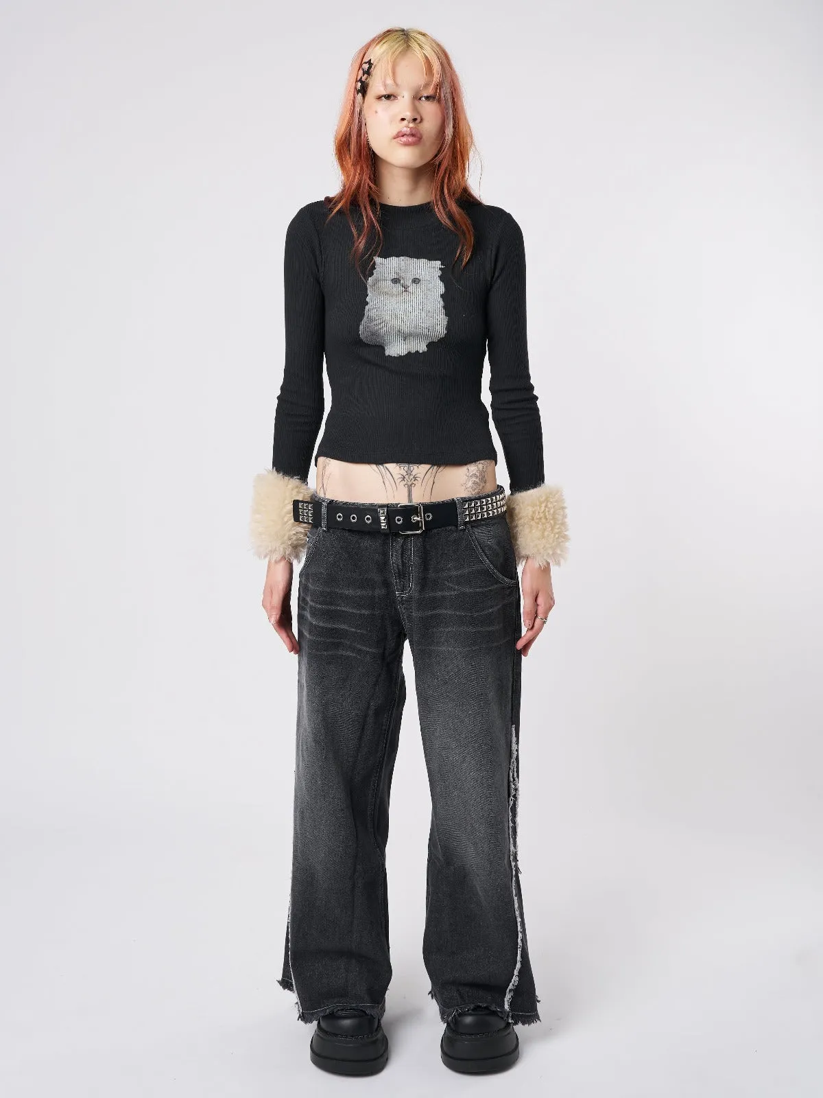 Kitty Faux Fur Cuffs High Neck Top