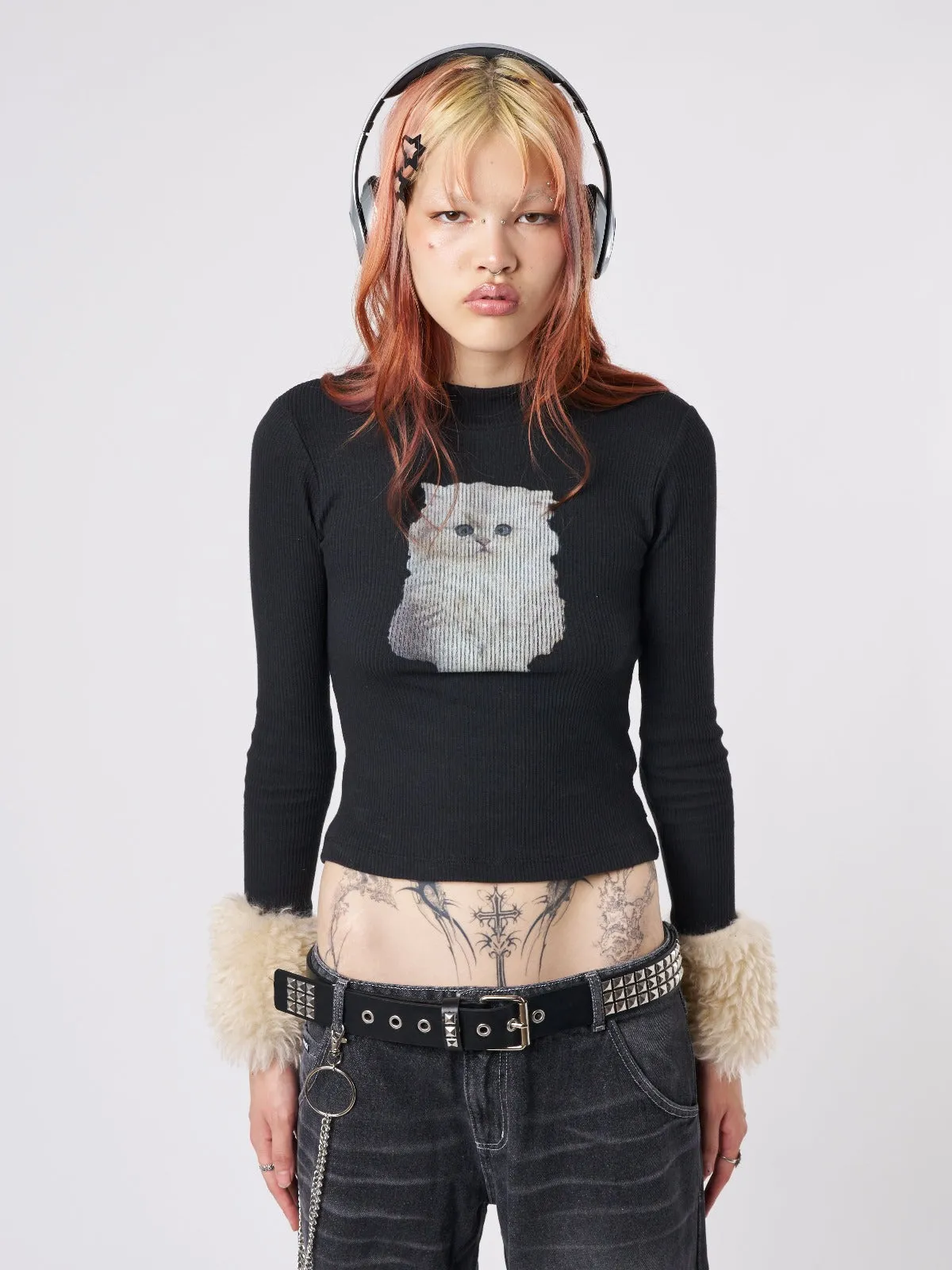 Kitty Faux Fur Cuffs High Neck Top