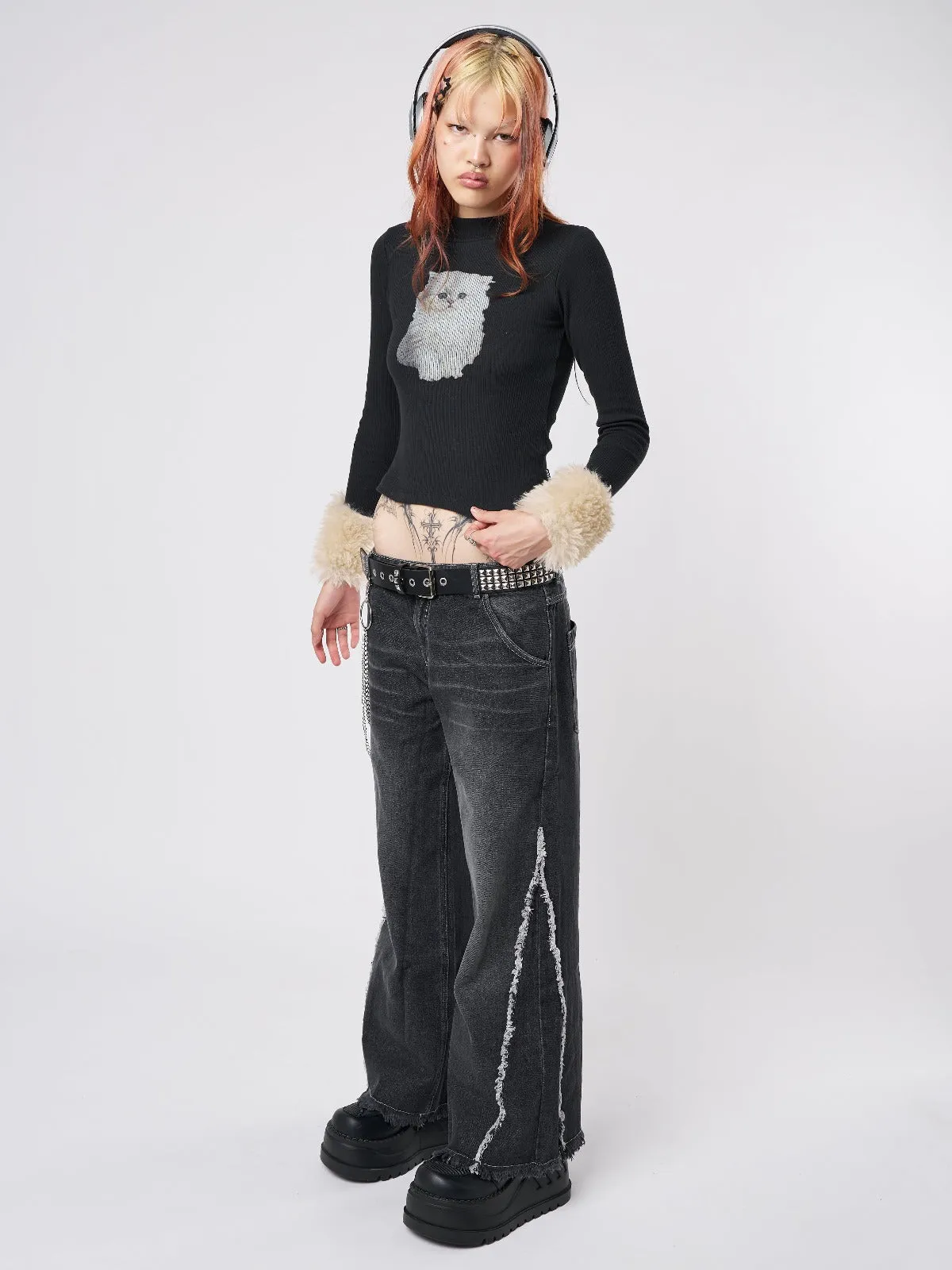 Kitty Faux Fur Cuffs High Neck Top