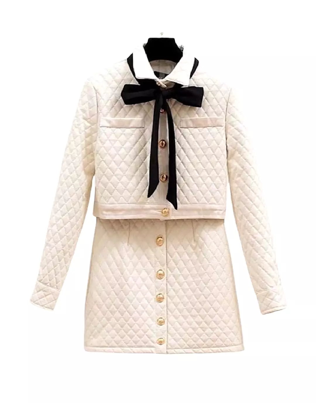 Padded Cotton Jacket Short Skirt Bow Tied Two Piece Set