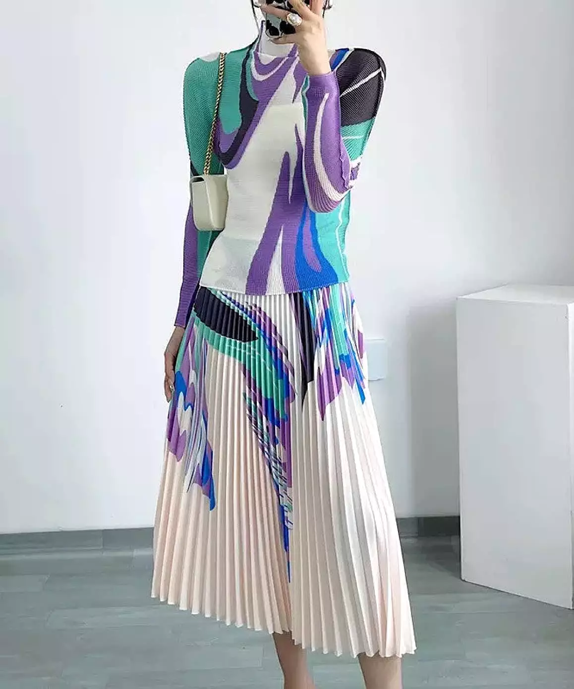 Printed Long Sleeve With Long Skirt Set In Blue