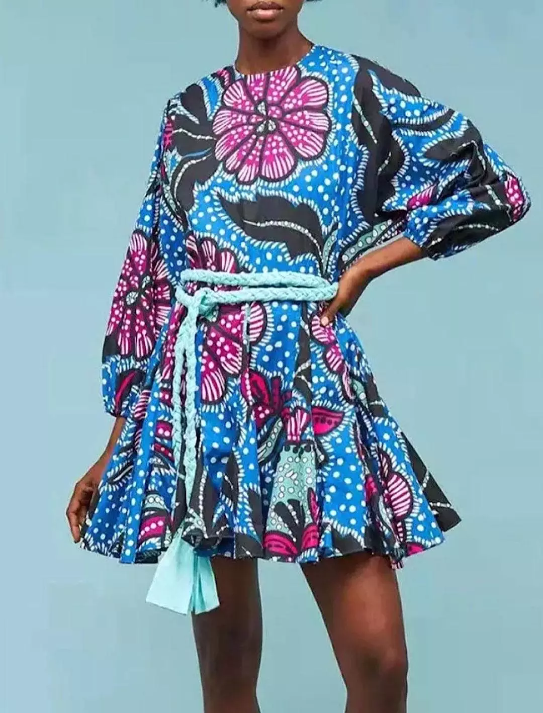 Printed Ruffled and Frilled Skirt Belted Short Dress