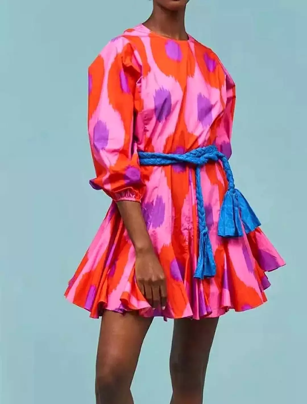 Printed Ruffled and Frilled Skirt Belted Short Dress