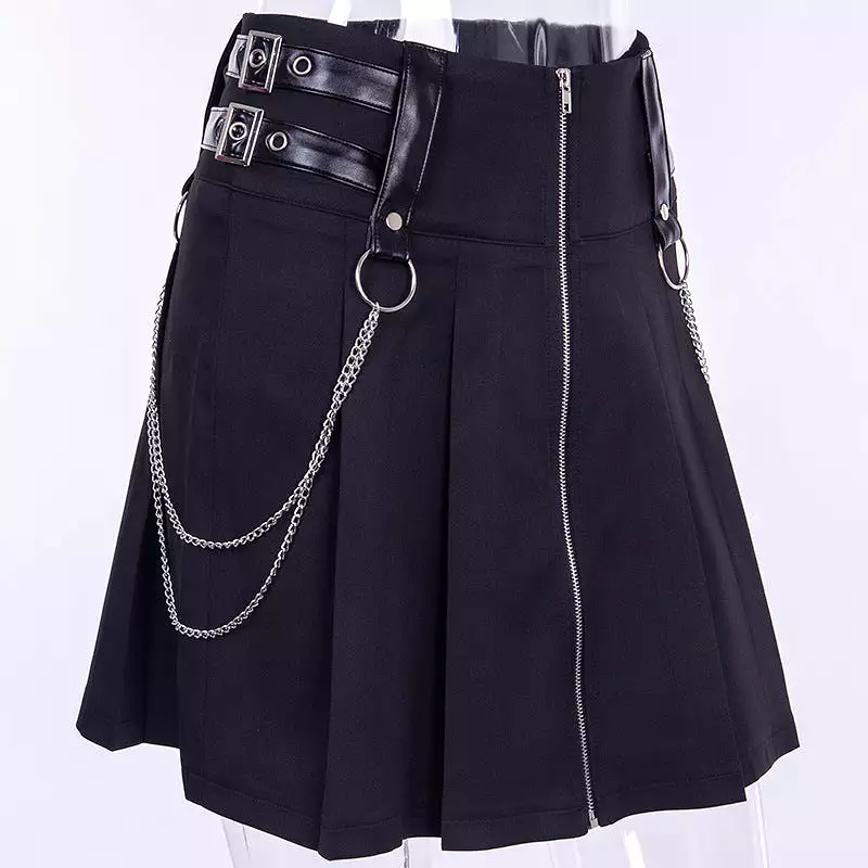 PUNK DARK METAL CHAIN PLEATED SKIRT BY61034