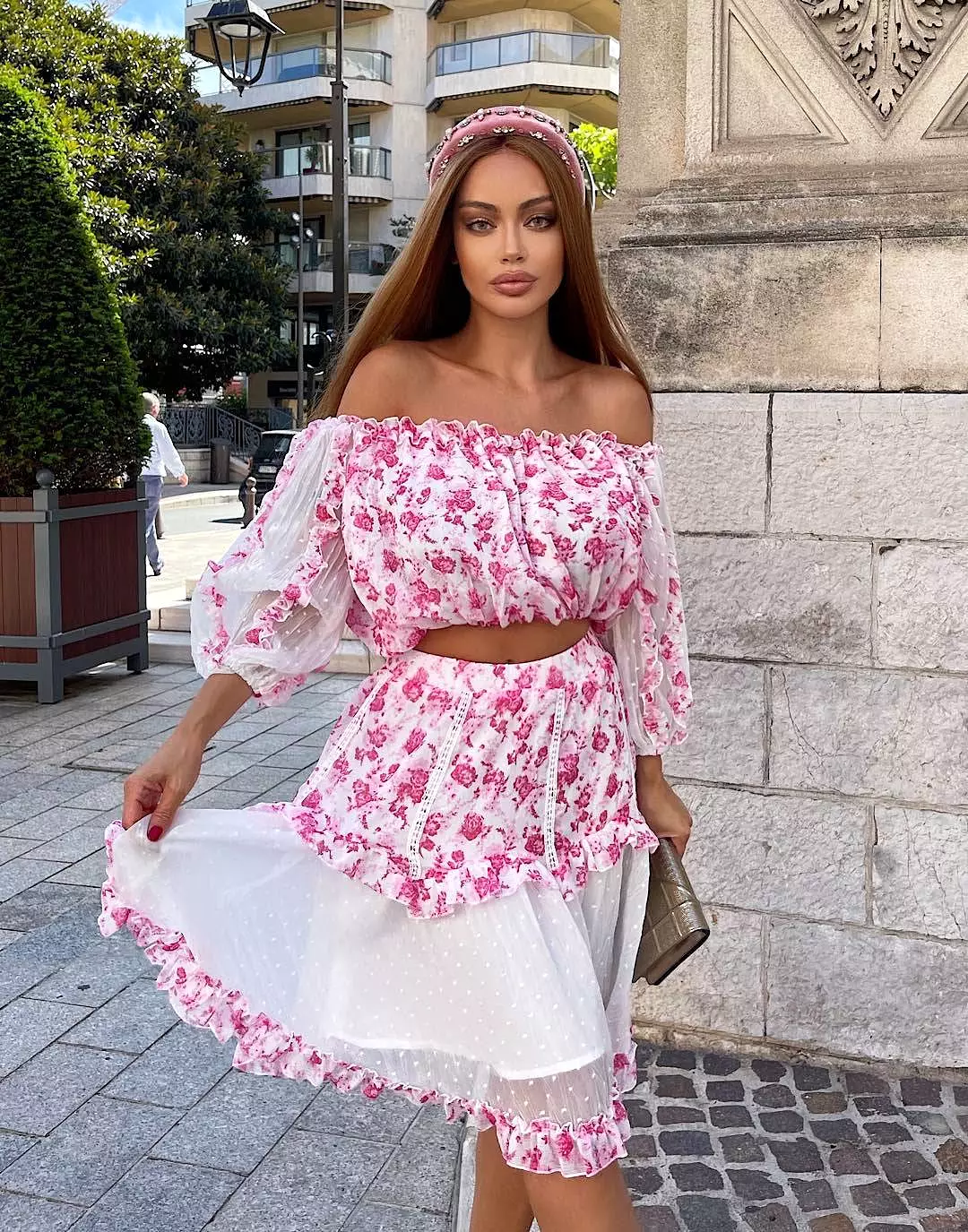 Red Flower Print Top And Skirt Set