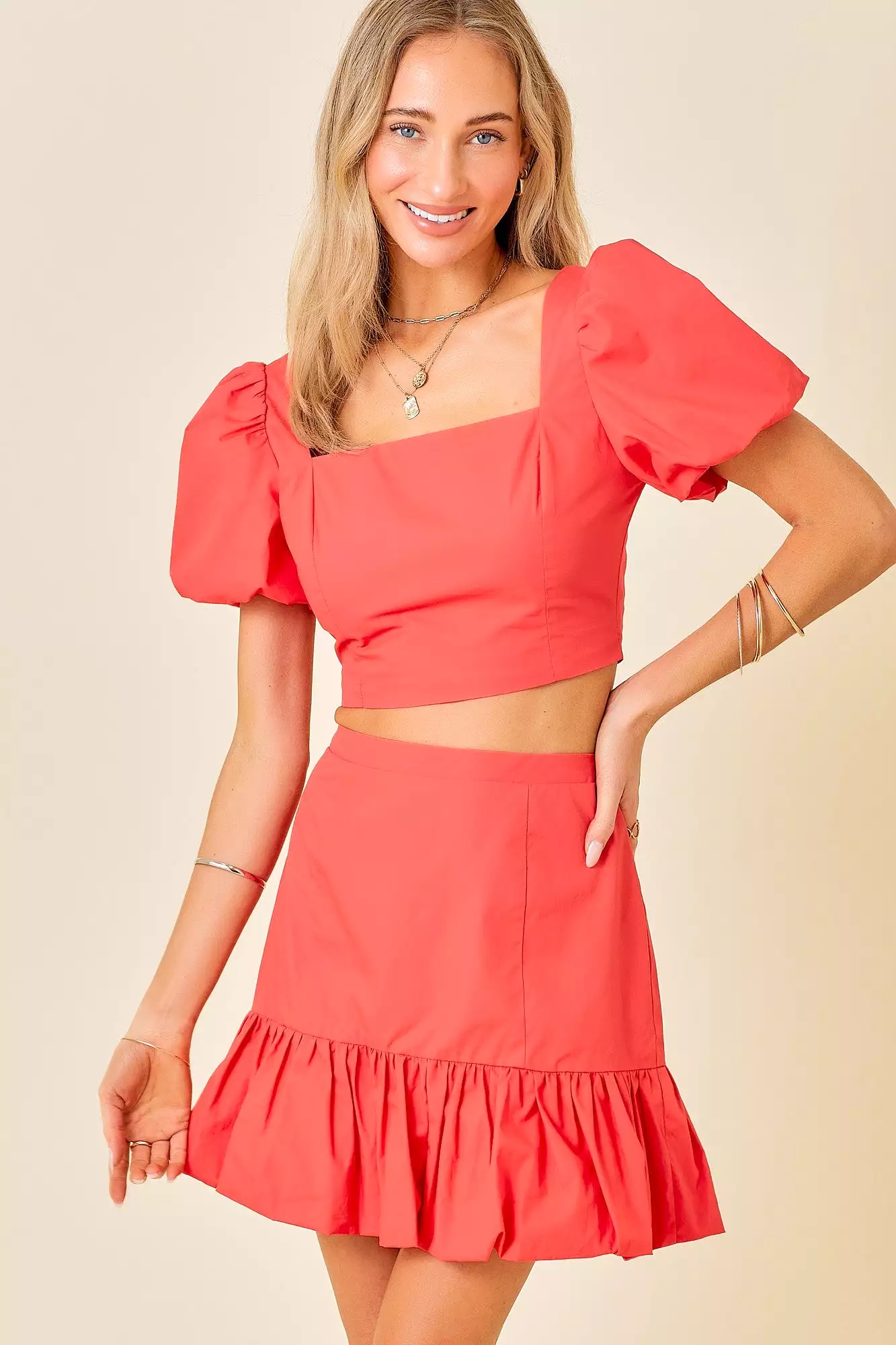 Ruffle Puff Sleeve Crop Top Mini Skirt Set