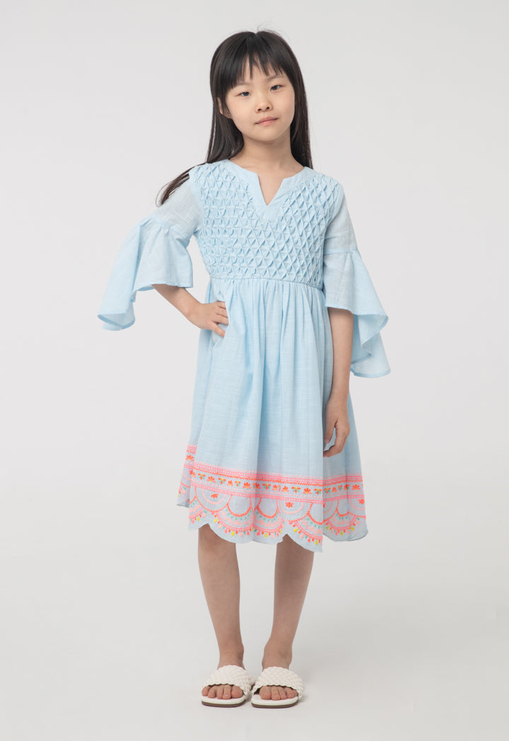 Scallop Embroidered Ruched Flounce Dress