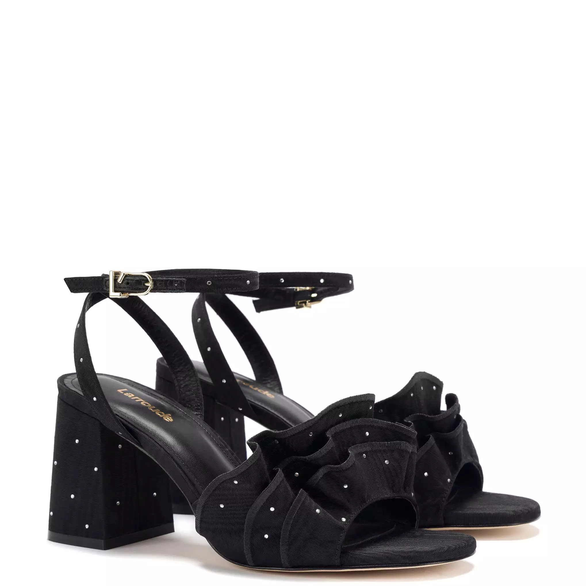 Selena Ruffle Sandal In Black Fabric and Crystals