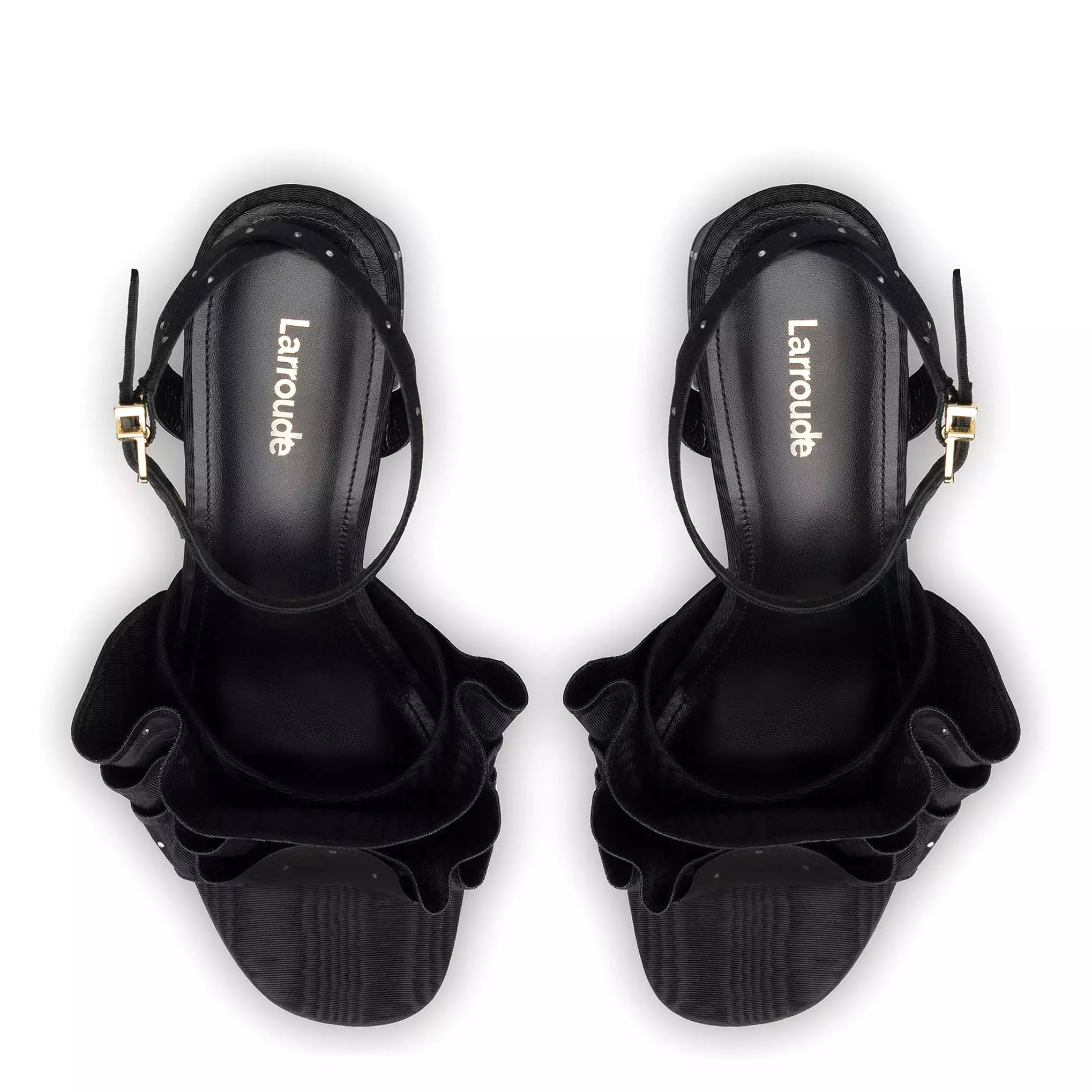 Selena Ruffle Sandal In Black Fabric and Crystals