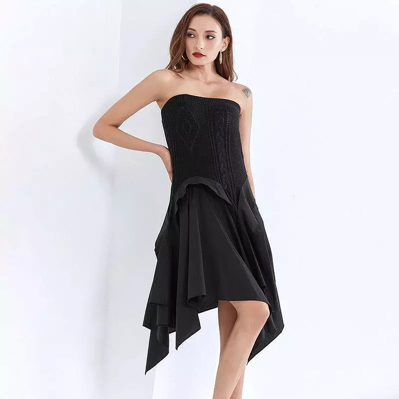 Strapless Knit Irregular Skirt Dress in Black