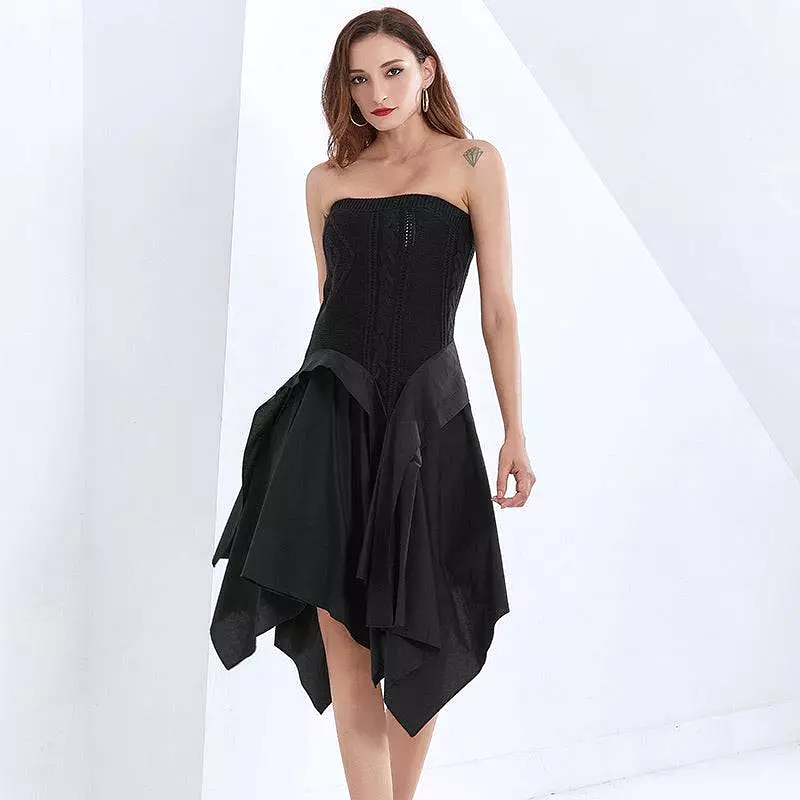 Strapless Knit Irregular Skirt Dress in Black