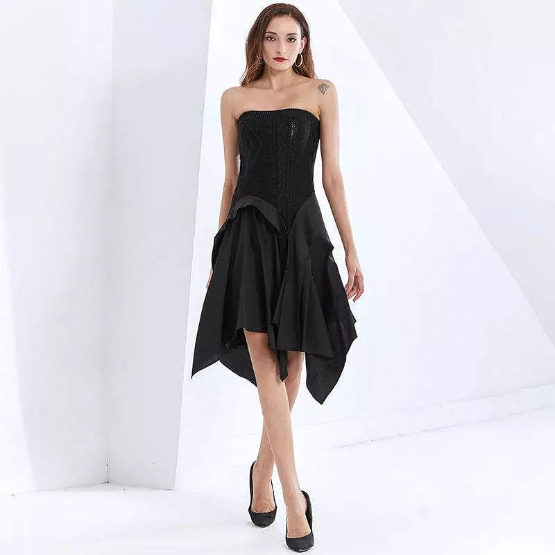 Strapless Knit Irregular Skirt Dress in Black