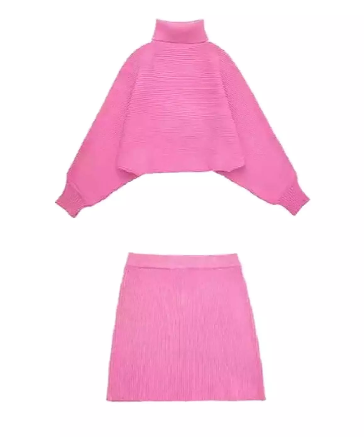 Turtleneck Top And Skirt Knit Set In Pink