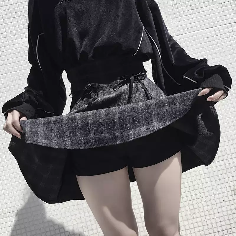 ULZZANG RETRO GRAY GRID SKIRT BY61036