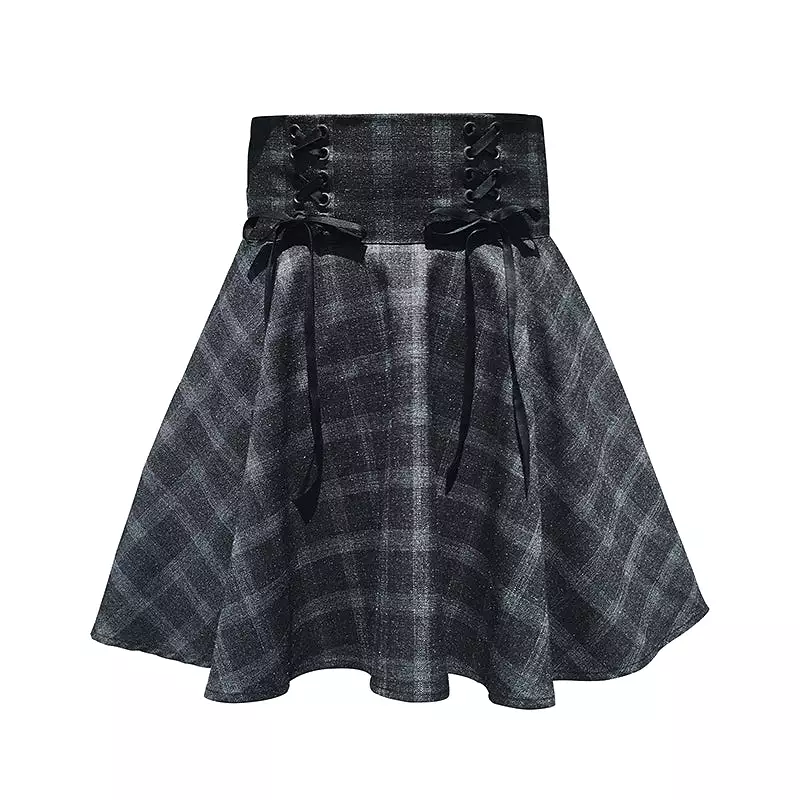 ULZZANG RETRO GRAY GRID SKIRT BY61036