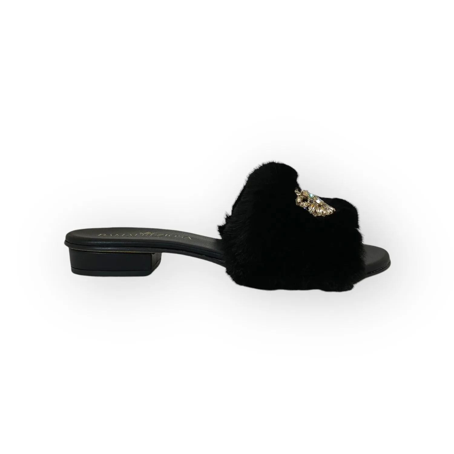 Victoria flat mule in black faux fur with crystals