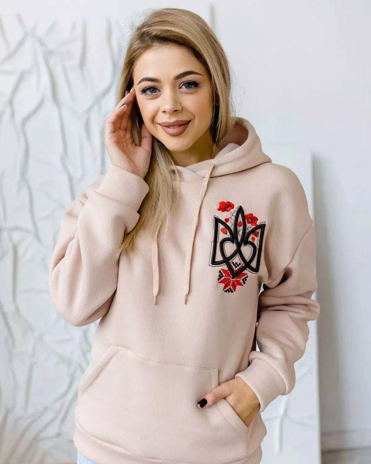 Women's Beige Hoodie- Tryzub and Poppies