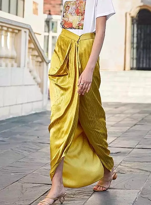 Yellow High Slit Asymmetrical Long Skirt