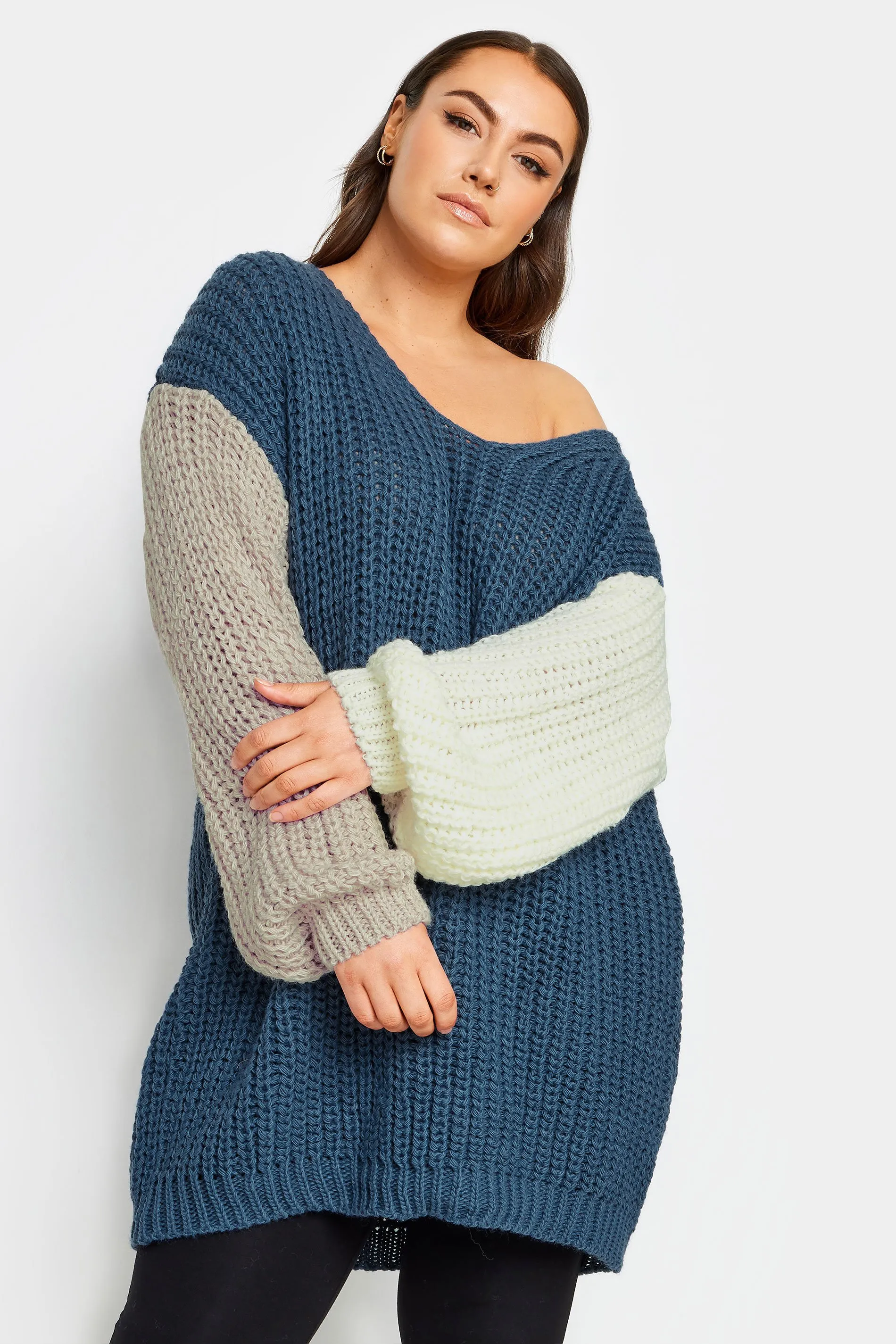 YOURS Curve Navy Blue Colourblock Chunky Knit Jumper