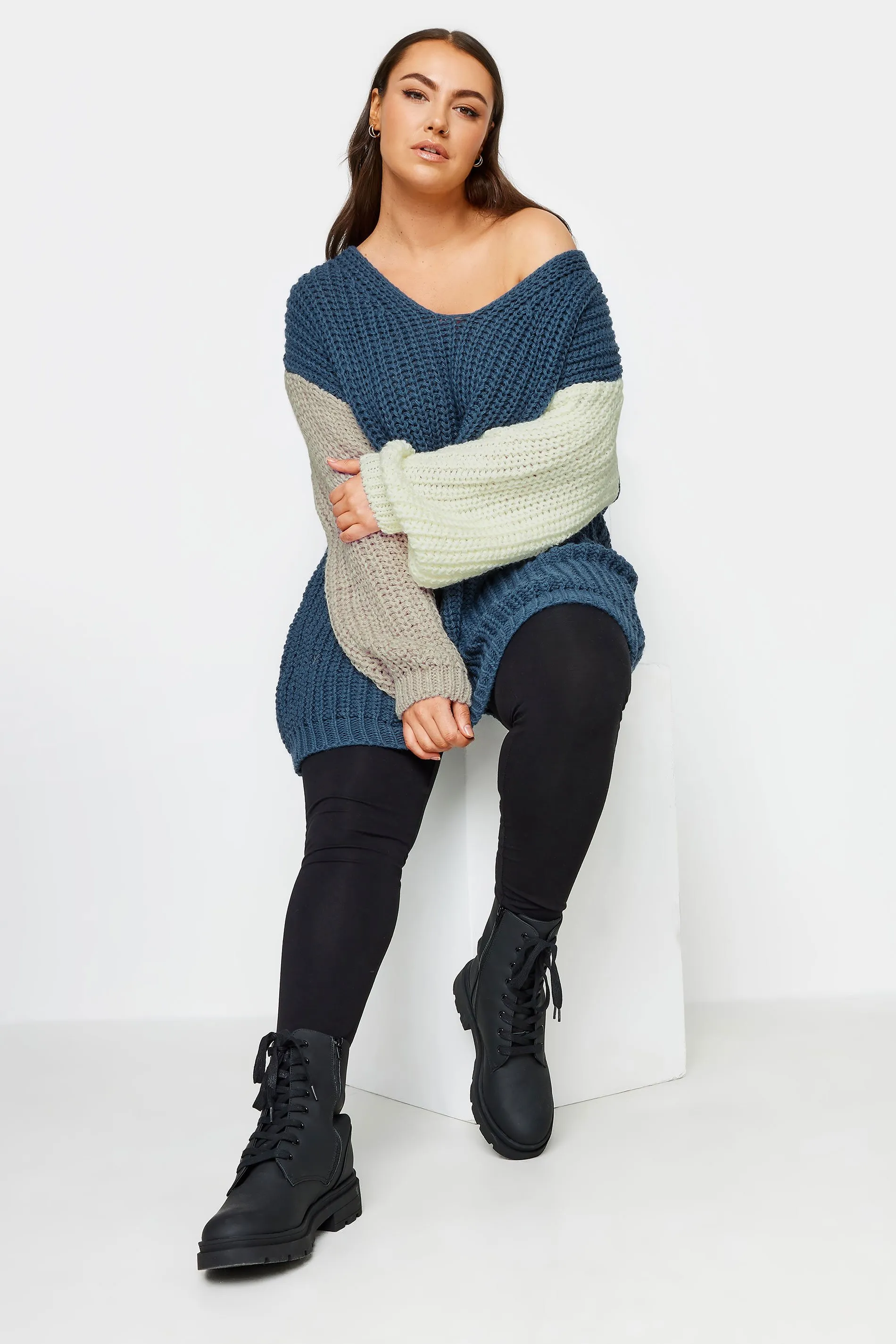 YOURS Curve Navy Blue Colourblock Chunky Knit Jumper