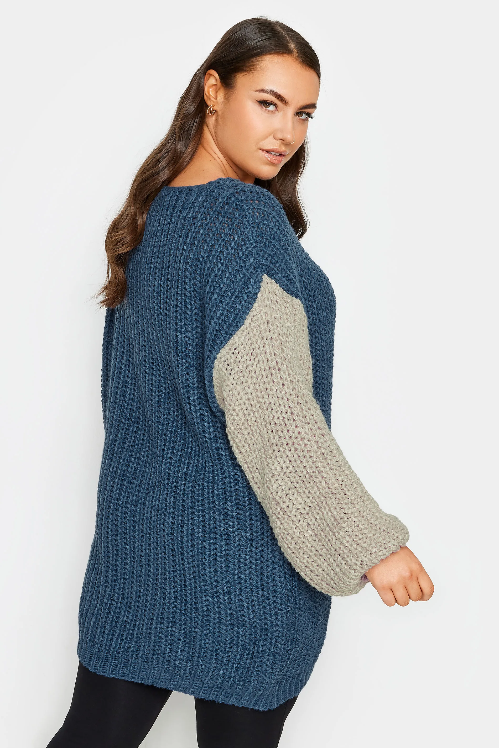 YOURS Curve Navy Blue Colourblock Chunky Knit Jumper